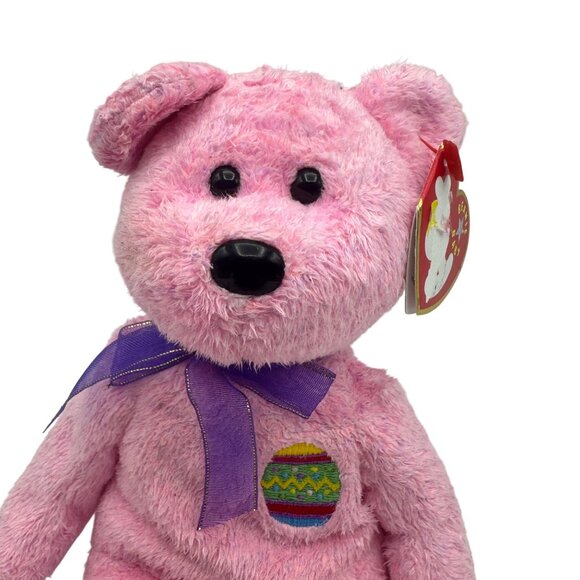 Ty Beanie Babies Eggs Pink Easter Plush Bear Purple Bow Date 2000 Collectible Ta - Picture 2 of 7